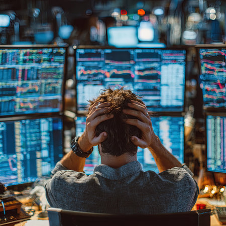 Back view of a man sitting in front of computer monitors and looking down.の写真素材