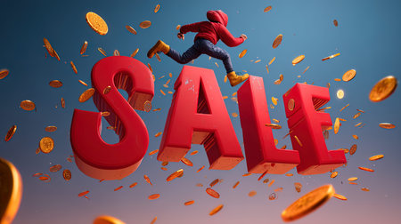 A man in a red hoodie jumps over a red sale sign. 3D rendering.の写真素材