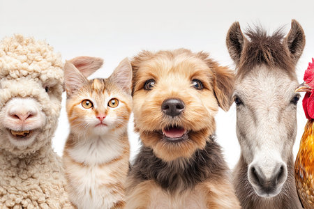 Group of pets isolated on a white background. Dog, cat, horse.の写真素材