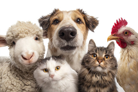 Group of sheep, dog, cats, and chicken looking at camera in front of white background
