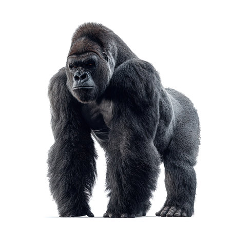 Front view of a Western Lowland Gorilla, isolated on whiteの写真素材