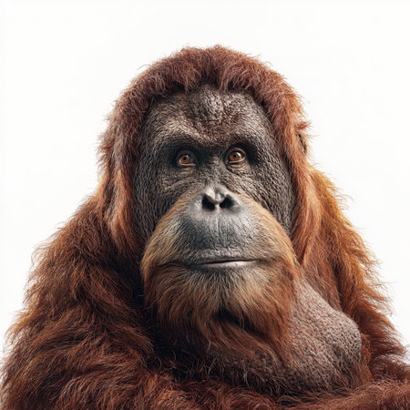 Portrait of a wild orangutan isolated on a white backgroundの写真素材