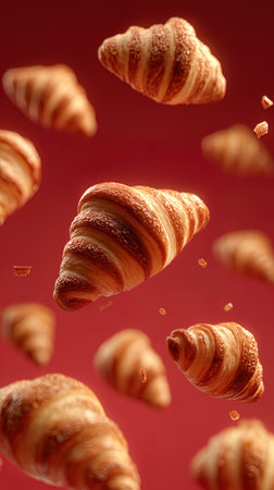 Flying croissants on a red background. Creative food concept.
