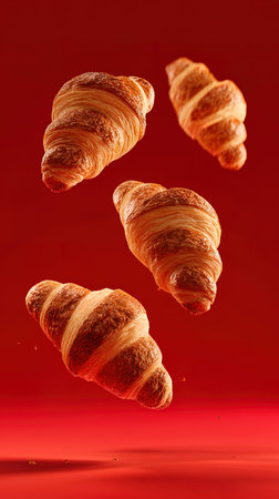 Flying croissants on red background. Flying food levitation concept.