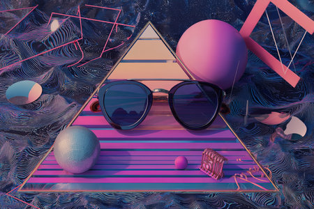 3d illustration of sun glasses and other objects on the abstract background