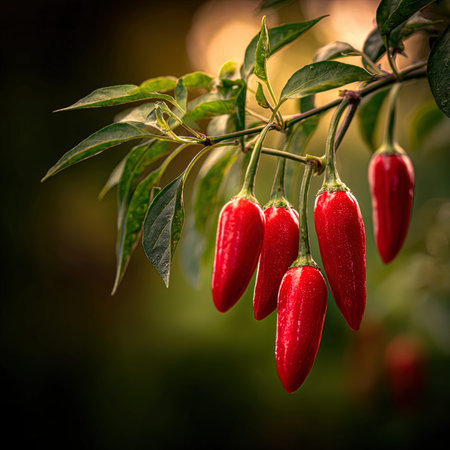 Red hot chili peppers on the tree. Shallow depth of field.の写真素材