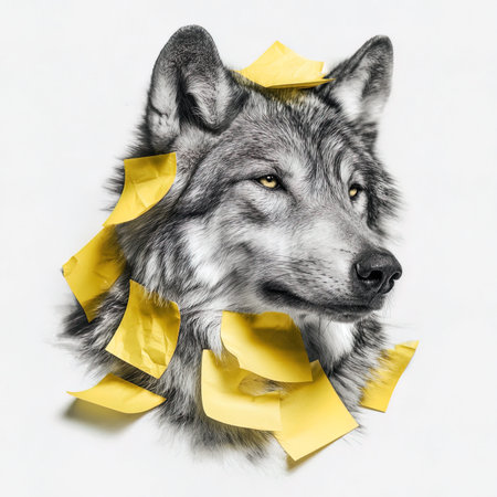 Portrait of a wolf with yellow notes on white backgroundの写真素材