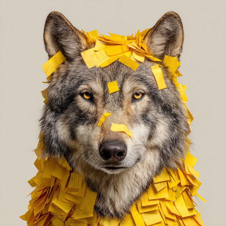 Portrait of a wolf wrapped in yellow paper
