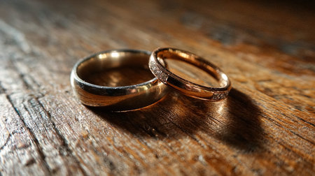 Wedding rings on wooden background. Close-up view.