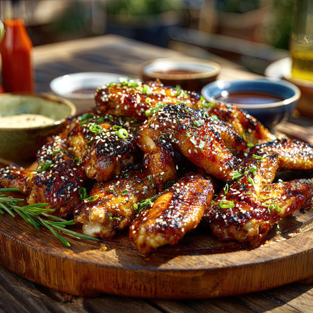 Baked chicken wings with sesame seeds and soy sauce on wooden boardの写真素材