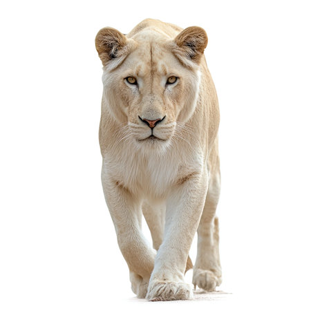 White Lion, Panthera leo, standing in front of a white backgroundの写真素材