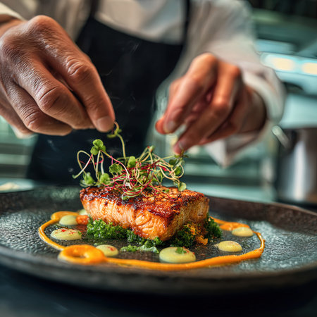 Chef cooking salmon fillet with vegetables and sauce in restaurant kitchenの写真素材