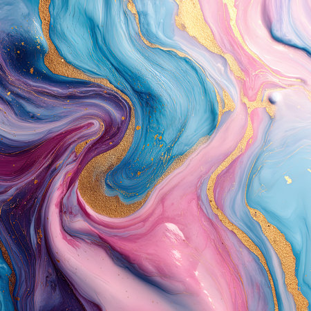 Abstract background of acrylic paint in blue, pink and gold color tones