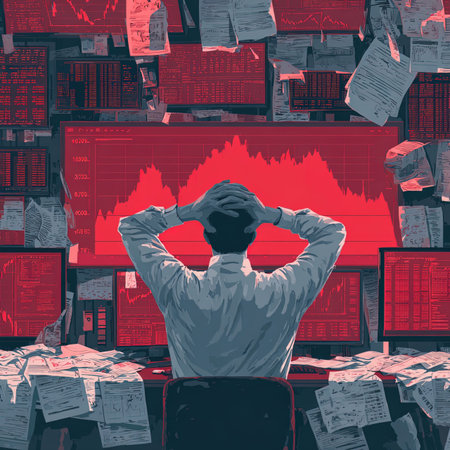 Back view of stressed businessman sitting in front of computer screens with stock market data on...