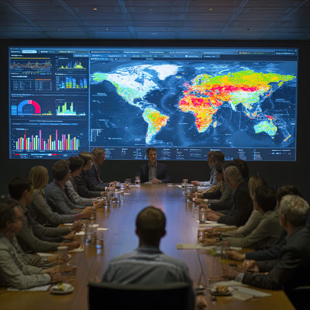 Group of business people in a meeting at conference room with world map