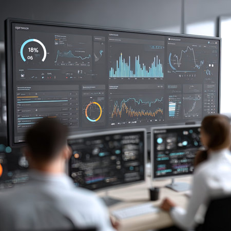 business, people and technology concept - close up of computer screens with charts and graphs in officeの写真素材