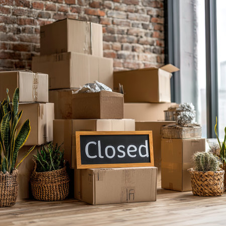 close up of cardboard boxes with closed lettering in living room at new home