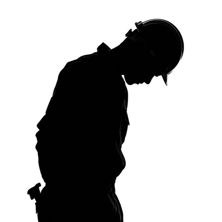 one caucasian man construction worker silhouette in studio isolated on white backgroundの写真素材