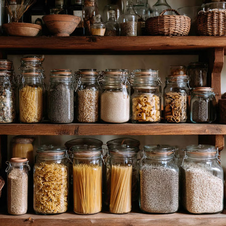 Glass jars with different types of pasta on a wooden shelfの写真素材