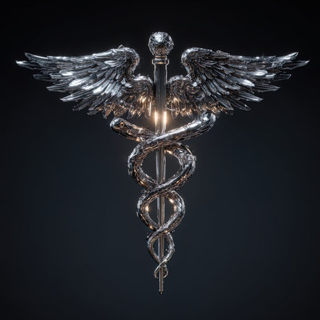 Silver caduceus with wings on a black background. 3d renderingの写真素材