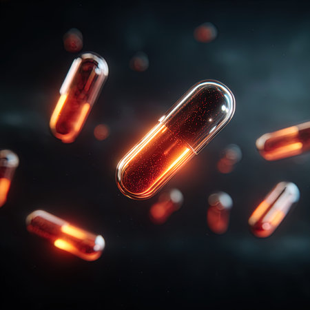 Medical capsules floating on a dark background. 3d rendering image.の写真素材