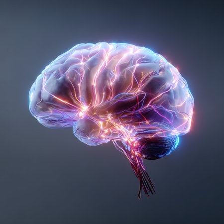 Human brain with glowing neurons and nervous system. 3D illustration.