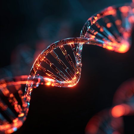DNA strand with glowing particles on dark background. 3D illustration.