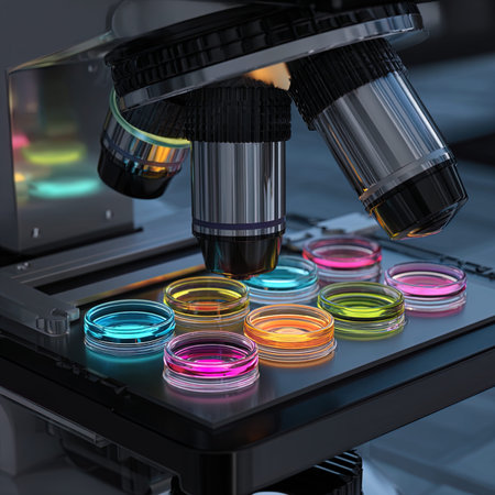 Microscope with colorful petri dishes in laboratory. 3d illustrationの写真素材