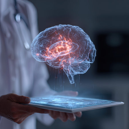 Close up of female doctor holding tablet pc with glowing human brain on screen