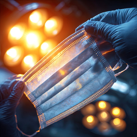 Medical mask in the hands of a surgeon on a dark background.