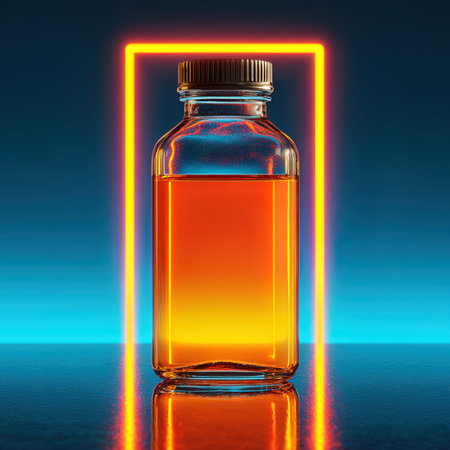 Medicine bottle on table. 3D rendering. Neon light.