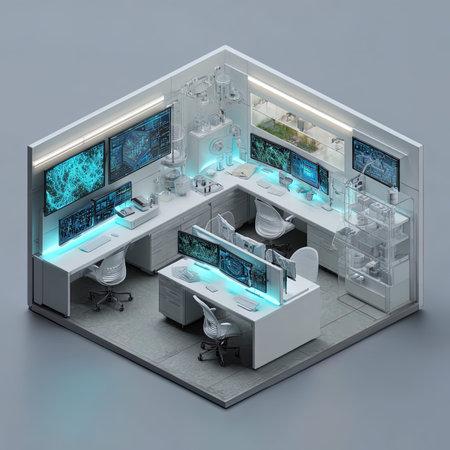 3d illustration of interior of an office with computers and workstation