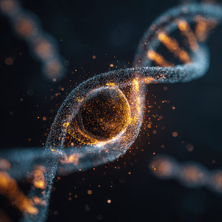Digital illustration DNA structure with glowing particles on dark background. 3D rendering