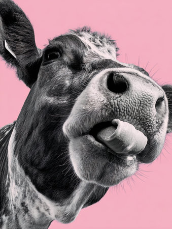 Portrait of a cow with tongue out on a pink background.の写真素材