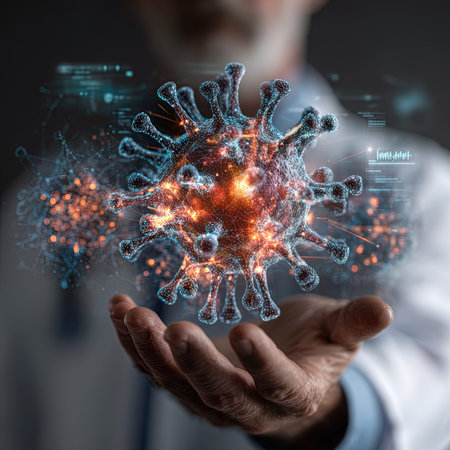 Coronavirus concept above a hand of a man in backgroundの写真素材