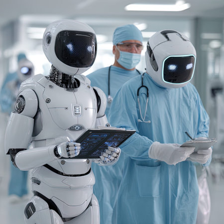 group of surgeons and robot discussing something while standing in the operating roomの写真素材