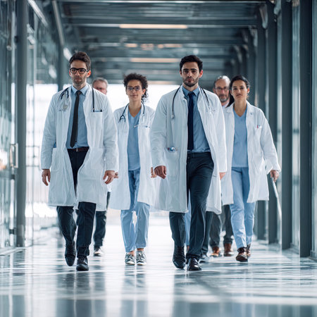 group of doctors walking in corridor of modern hospital, healthcare and medicine conceptの写真素材