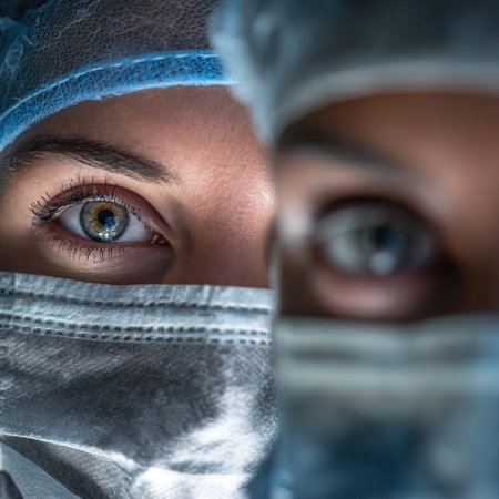 Close-up portrait of a female surgeon wearing a surgical mask, looking at the camera.の写真素材