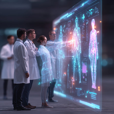 Group of doctors looking at hologram screen. Concept of healthcare and medicineの写真素材
