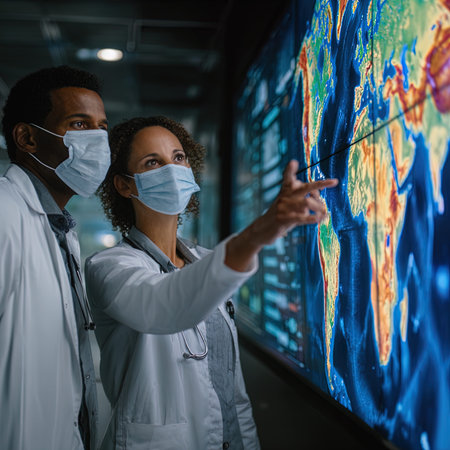 african american doctor and nurse in mask pointing at map in clinicの写真素材