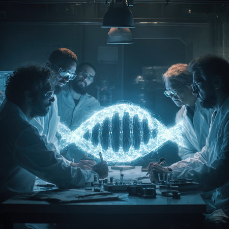 Group of scientists working on DNA research in laboratory. Genetic engineering and gene manipulation...