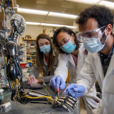 Group of students of robotics working together in a laboratory. They are wearing protective masks.