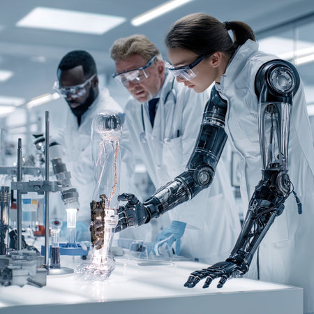 Serious scientists working on robotic arm in laboratory. Science and technology concept.