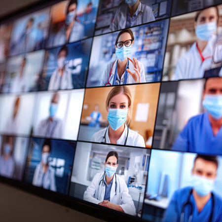 group of doctors at work in the operating room, video conference.