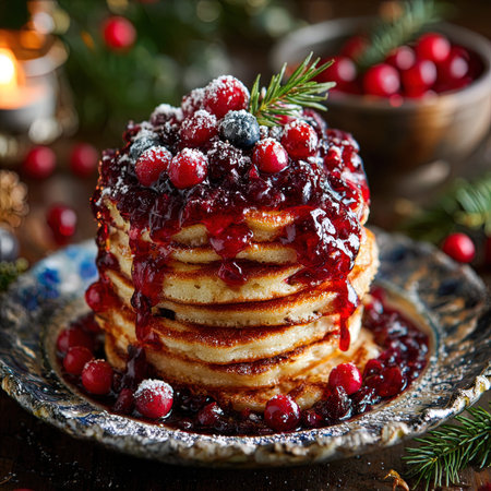 Pancakes with cranberry sauce and fresh berries on a wooden backgroundの写真素材