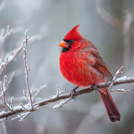 Male Northern Cardinal (cardinalis cardinalis) on a branch during a snowfall.