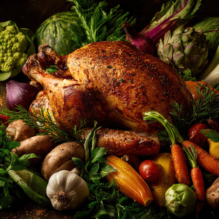 Whole roasted chicken with vegetables and herbs on dark background, top viewの写真素材