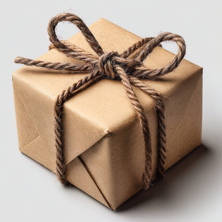 Gift box wrapped in kraft paper tied with twine.