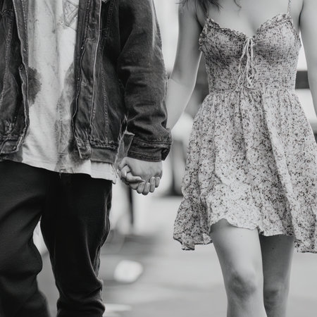 Couple in love holding hands and walking on the street. Black and white photo.