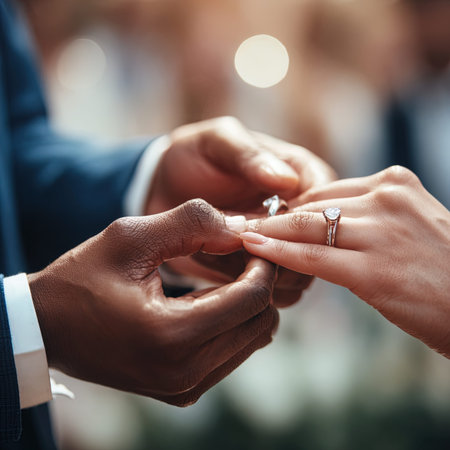 Close up of male and female hands holding wedding rings on blurred backgroundの写真素材